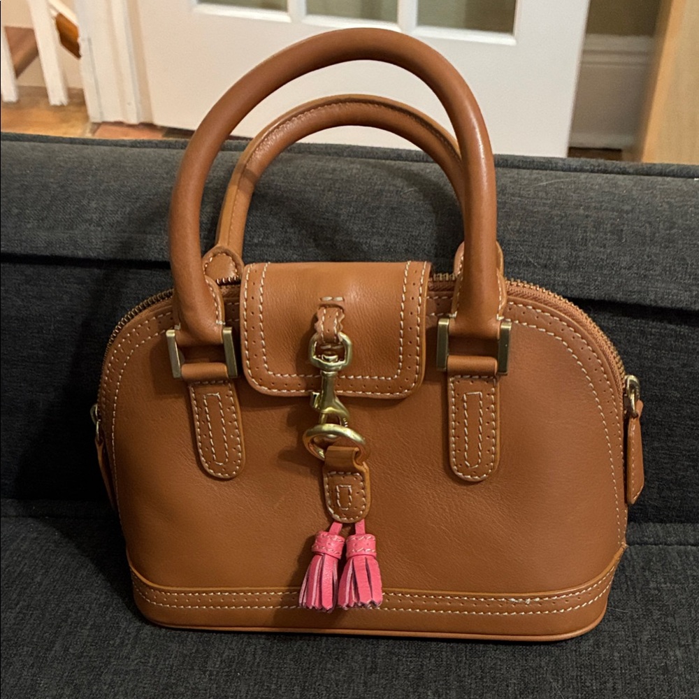 J Crew Brown Leather Handbag with Pink Accents